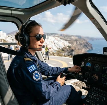 Helicopter pilot in cockpit preparing for departure from Santorini helipad