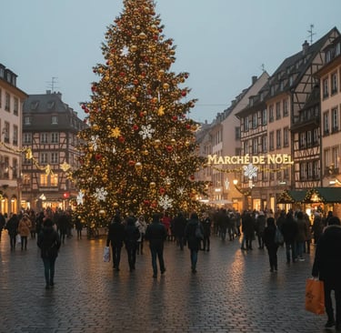 he large, magnificent Christmas tree of Strasbourg (Le Grand Sapin) covered in warm lights, surround