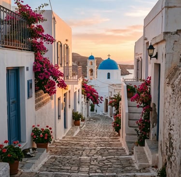 Plaka village Milos at sunset with blue dome church bougainvillea and cobblestone alley