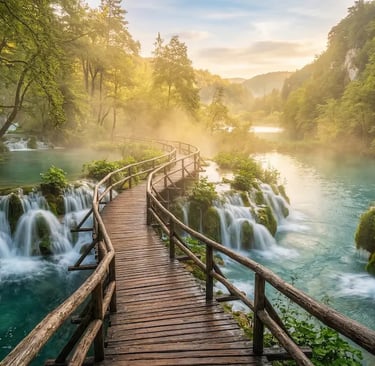 Wooden boardwalk over turquoise waterfalls at Plitvice Lakes at sunrise, Croatia
