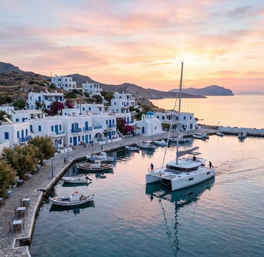 Private catamaran departing Pollonia fishing village harbor at sunrise, Milos Greece luxury tour