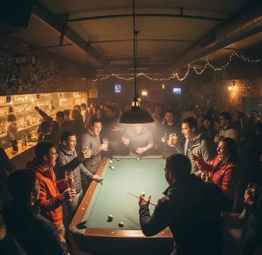 Friends playing pool and enjoying drinks in the lively après-ski atmosphere of Funky Fox, French Alp