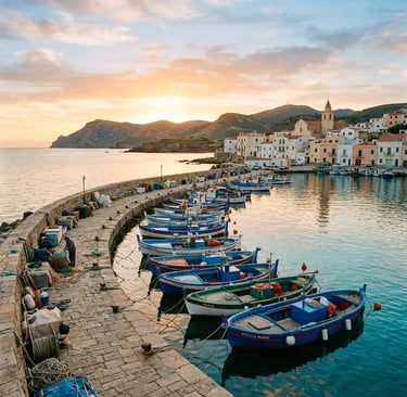 Fishing boats moored at the port of Calasetta, Sant'Antioco island, Southern Sardinia at sunset