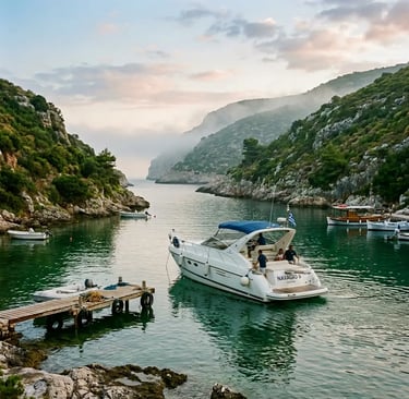 Motor yacht docked at Porto Vromi Anafonitria bay Zakynthos ready for private charter departure
