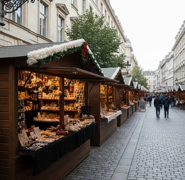 Budapest Christmas market street lined with wooden stalls, holiday decorations, and visitors explori