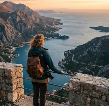Female traveler overlooking Kotor Bay Montenegro at sunset from mountain fortress viewpoint