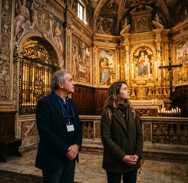 Private tour guide and female visitor standing inside a richly decorated Italian chapel