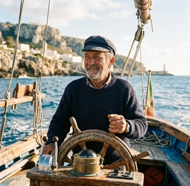 Weathered Italian skipper steering wooden boat, Salento limestone cliffs in background