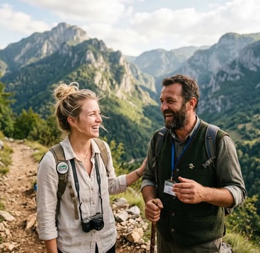 Smiling female traveler and male tour guide on mountain trail with Balkan peaks behind them