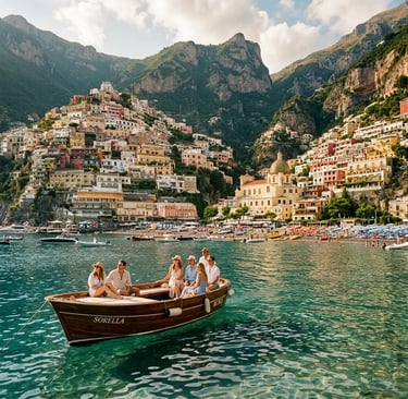 Small group on boat approaching Positano village from the sea on Amalfi Coast tour