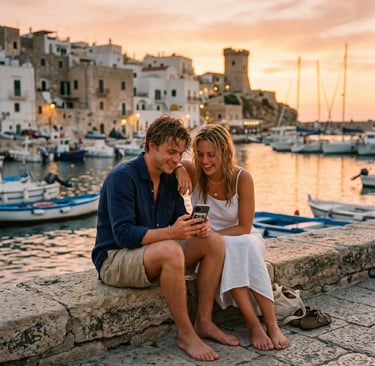 Young couple sitting barefoot on harbor wall at sunset, looking at photos after Torre Vado boat tour.