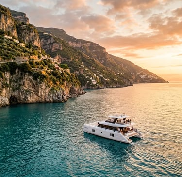  Luxury Powercat Prestige M48 cruising Amalfi Coast cliffs at golden hour sunset