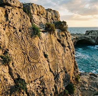 Ancient spiral rock carvings on limestone cliff above Adriatic Sea, Roca Vecchia Puglia
