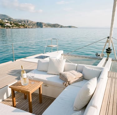 White linen cushions and chilled wine on the deck of a luxury catamaran in Greece