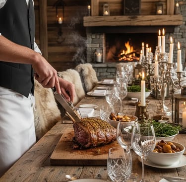 A professional waiter carving a roast at a beautifully set wooden dining table in a cozy mountain lo