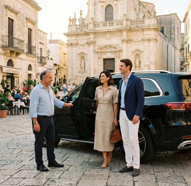 Elegant couple greeted by private driver in Martina Franca square during exclusive Puglia day tour