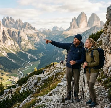 Private mountain guide pointing at Tre Cime panorama with female client