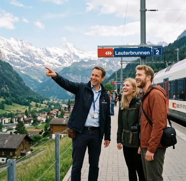 Private Swiss guide pointing out Alps to couple at Lauterbrunnen station on small group rail tour