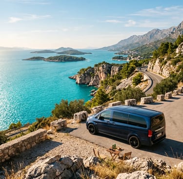 Black luxury van parked on scenic Dalmatian coast road with turquoise Adriatic Sea and islands