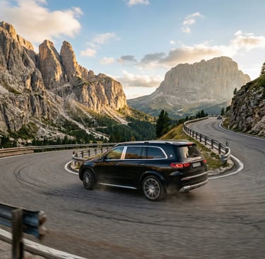 Black luxury SUV driving winding mountain road surrounded by Dolomite peaks