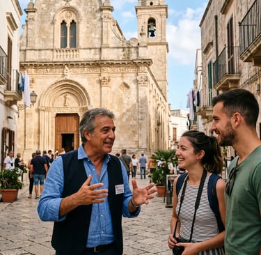 Local guide engaging two tourists outside historic church in southern Italy