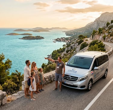 Private tour minivan parked on Dalmatian coast road guide pointing at Adriatic Sea islands at sunset