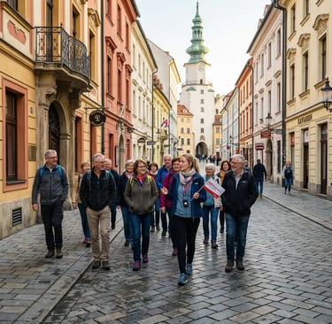 Tour guide leading group through Bratislava Old Town with Michael's Gate in background