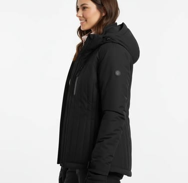 Side view of a woman wearing a black Columbia insulated waterproof winter jacket and gloves.