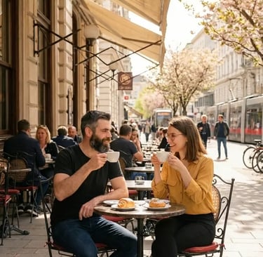 couple enjoying coffee at outdoor viennese cafe in spring cherry blossom