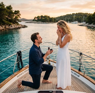 Man proposing to woman on private yacht deck at sunset in Pakleni Islands near Split Croatia