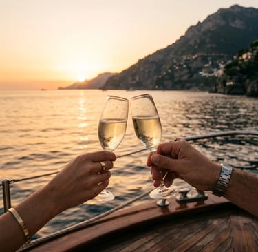 Two hands clinking prosecco glasses on a wooden boat deck at sunset on the Amalfi Coast