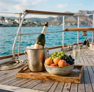 Prosecco in ice bucket with fresh peaches and grapes on a private boat deck near Amalfi Coast