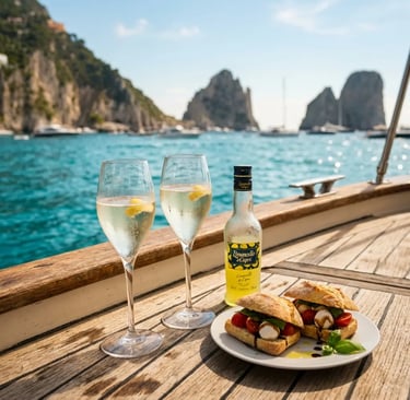 Prosecco, Limoncello and Caprese sandwiches on a boat deck overlooking Capri's Faraglioni rocks