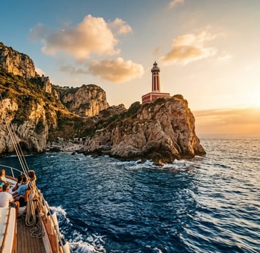 Punta Carena lighthouse on Capri at sunset, viewed from a wooden boat with passengers on deck.