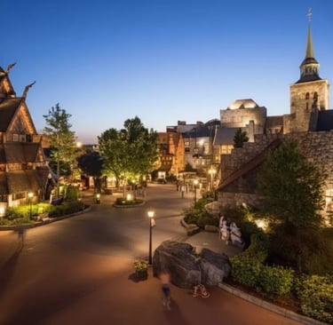 Twilight view of the Norway Pavilion in Epcot's World Showcase. A charming and romantic atmosphere f