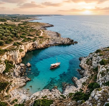 Aerial view of a wooden boat anchored in a secluded cove near Egnatia on the Adriatic coast
