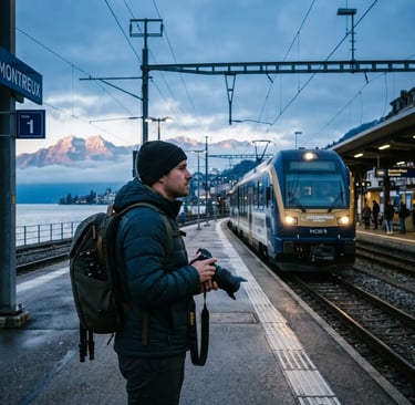 Photographer with camera on Montreux platform as GoldenPass Express arrives at blue hour