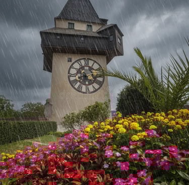 Schlossberg Graz clock tower rising above colorful flowers in dramatic spring rain