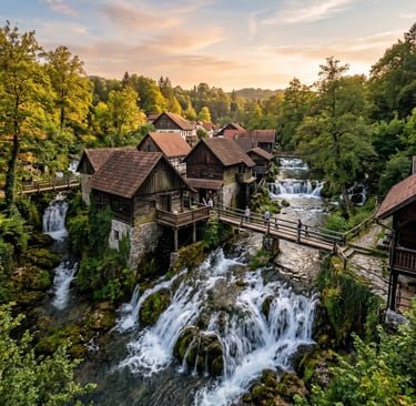 Rastoke village wooden watermill houses over Slunjčica River waterfalls at golden sunset