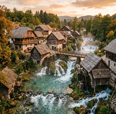 Rastoke village waterfalls and wooden watermills at sunset on the Zagreb to Plitvice route.