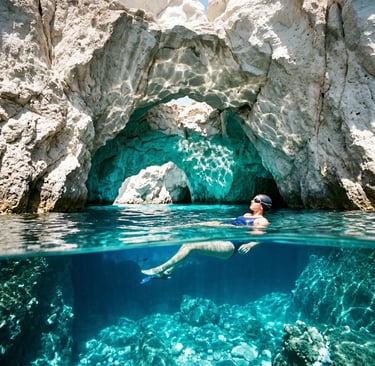 Woman swimming inside Kleftiko cave with crystal-clear turquoise water in Milos, Greece