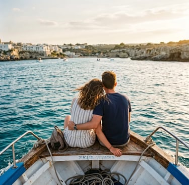 Couple sitting at the bow of a boat watching the Salento coast during sunset cruise in Puglia