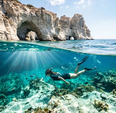 Snorkeler exploring clear turquoise water and white cliffs of Kleftiko caves in Milos.