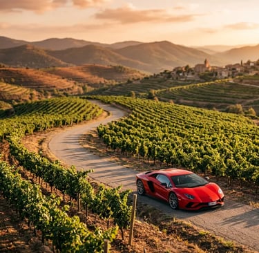 Red Lamborghini on a winding vineyard road through Catalan wine country at golden hour