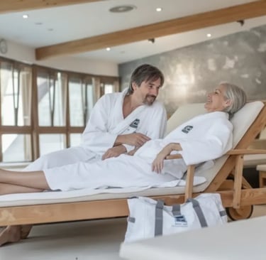 A relaxed couple wearing white spa robes, lounging and talking in a serene relaxation room at Aqua D