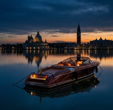 Riva Aquariva anchored at blue hour dusk with Venice skyline and water reflection