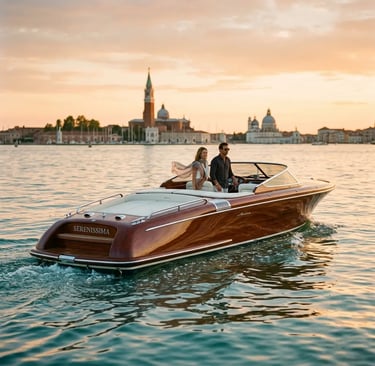 Riva Aquariva luxury yacht cruising Venice lagoon at sunset with San Giorgio Maggiore skyline