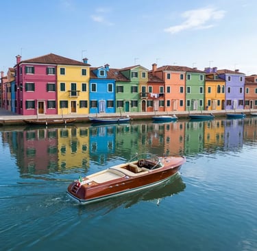 Mahogany Riva yacht arriving at Burano island with colorful houses reflected in canal