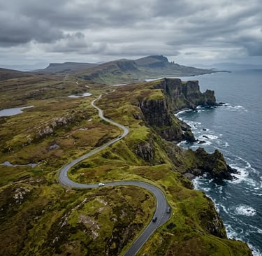 Aerial View of Single Track Road Winding Through Trotternish Peninsula Isle of Skye