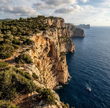 Dramatic ochre limestone cliffs dropping into deep blue sea near Capo Teulada, South Sardinia